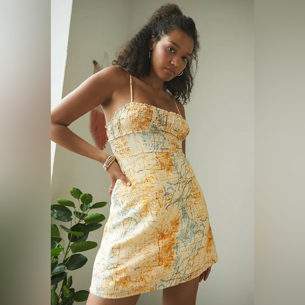 $70 NWT URBAN OUTFITTERS “By The Sea” Map Print Dress in Butter Yellow Medium